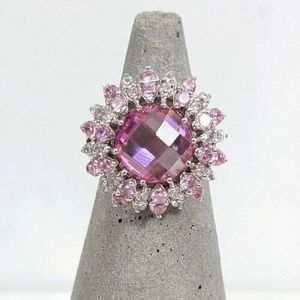 Size 8 huge Pink Cluster Sunflower Sterling Silver Cocktail Ring